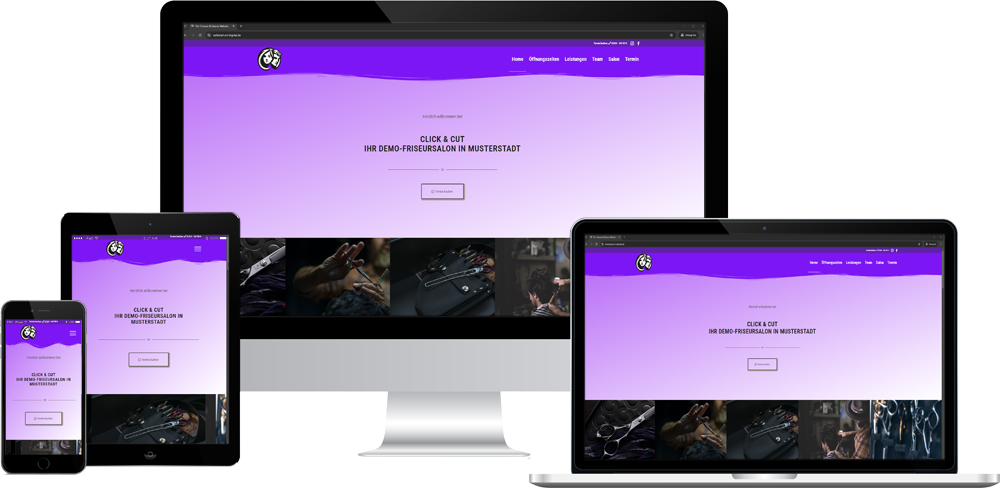 Ein Mockup der Friseur-Website, die responsiv auf verschiedenen Geräten (Smartphone, Tablet, Laptop und Desktop) dargestellt wird